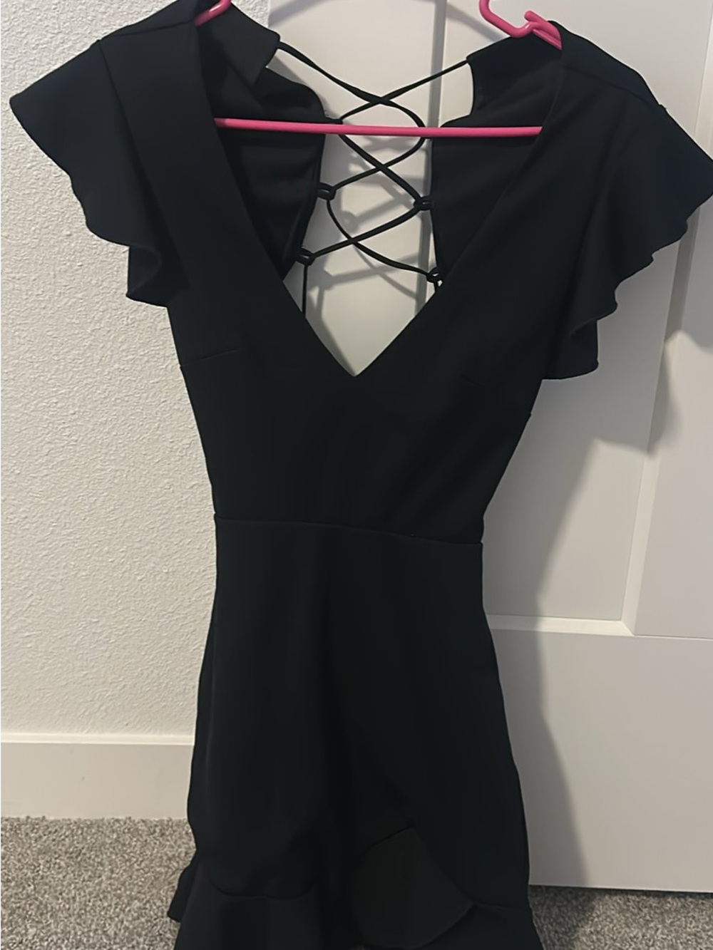 Black Ruffle V-Neck Women's Dress with Open/Tie Back